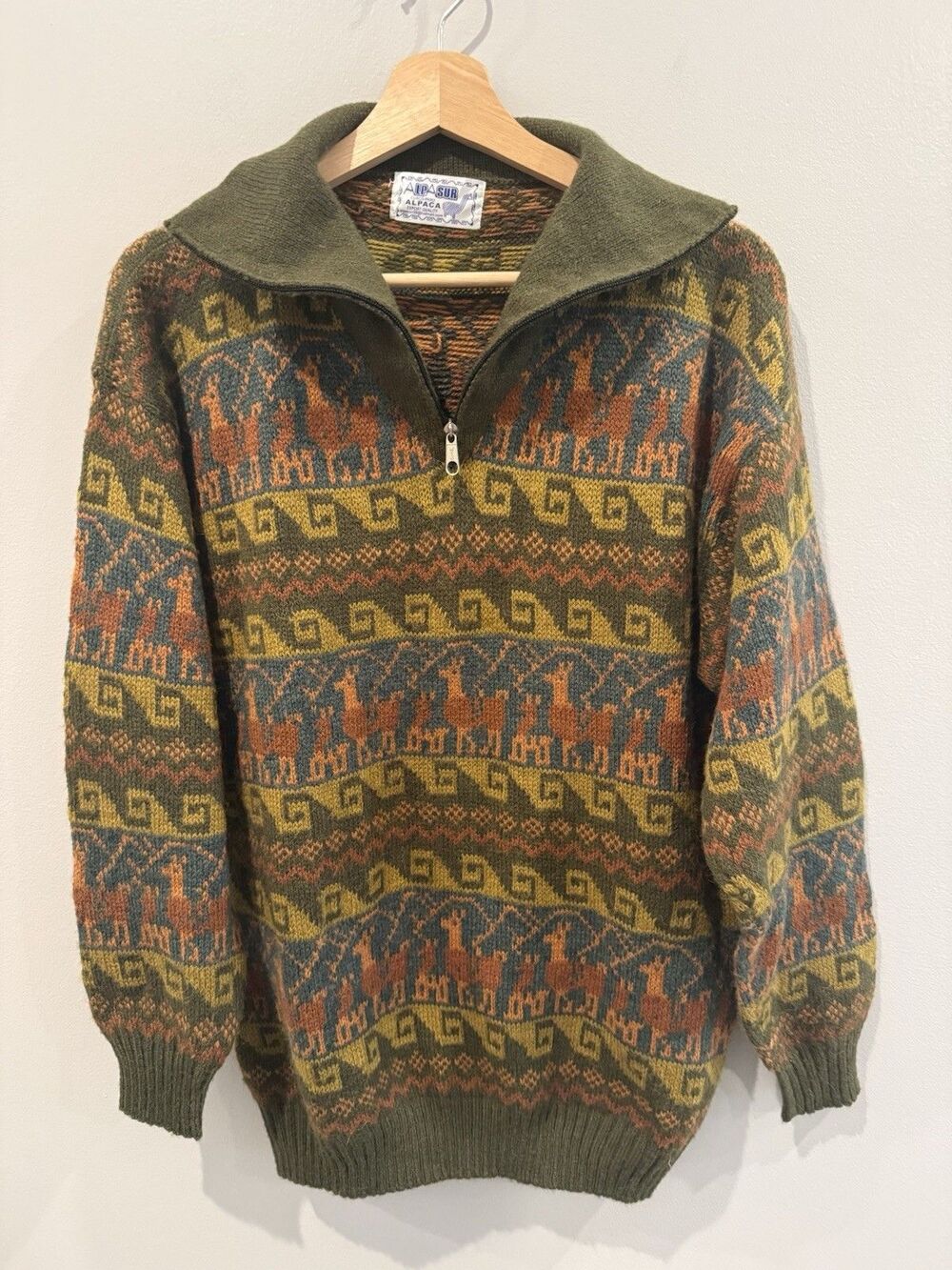 VTG Alpa Sur Peru 100% Alpaca Wool 1/4 Zip Sweater Llama Pattern Men M Funnel Ne